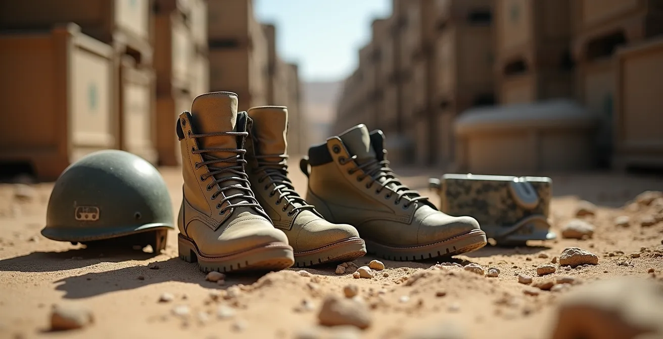 Visualisation abstraite des coûts cachés d'une opération militaire avec des équipements usés au premier plan et du matériel neuf en arrière-plan, symbolisant l'effet iceberg.