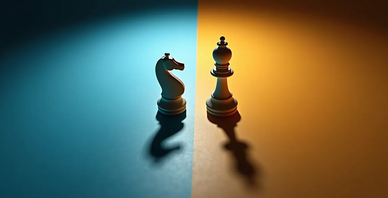 Métaphore visuelle de deux perspectives différentes analysant le même objet stratégique