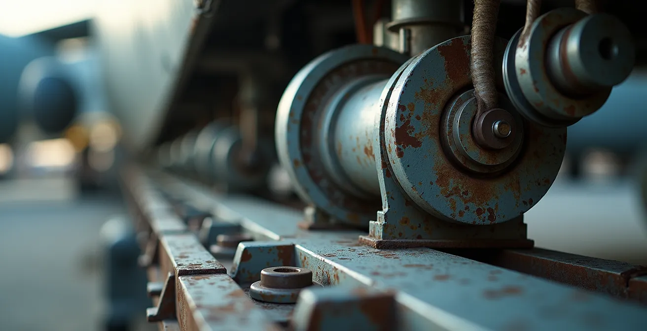 Vue macro détaillée de systèmes de chargement hydrauliques d'un avion cargo militaire