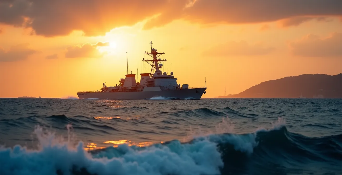Frégate militaire effectuant un tir d'appui naval lors d'une opération amphibie