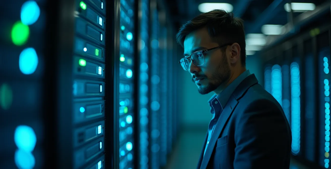 Auditeur inspectant un centre de données sécurisé