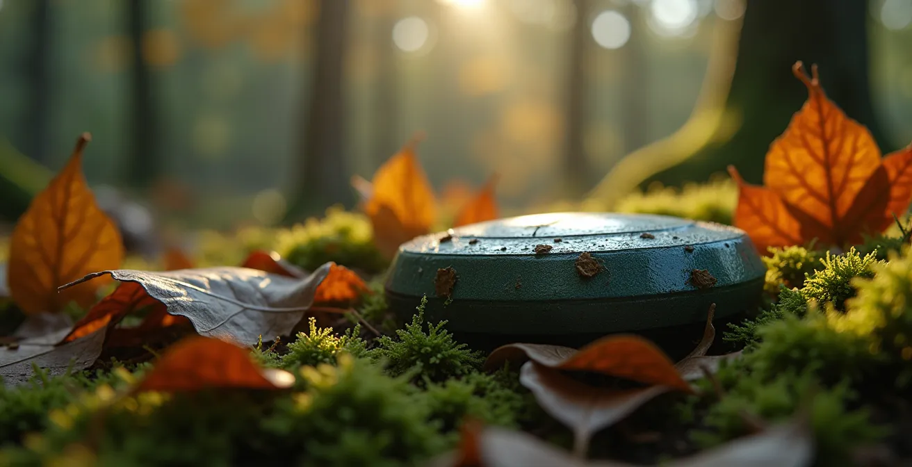 Gros plan sur un capteur sismique camouflé dans la végétation forestière