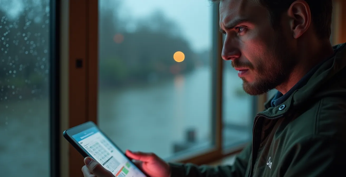 Personne consultant une carte de vigilance crues sur tablette avec niveaux d'alerte colorés