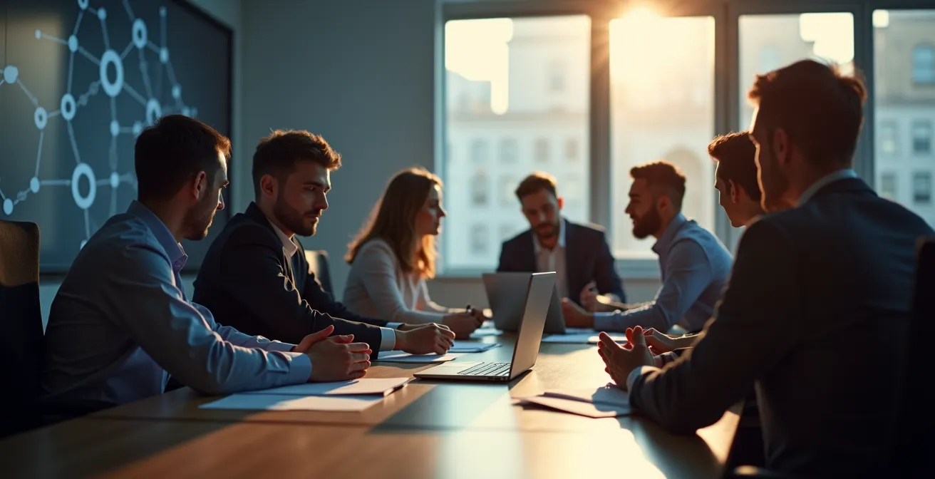 Salle de gestion de crise avec équipes coordonnées autour d'une table centrale