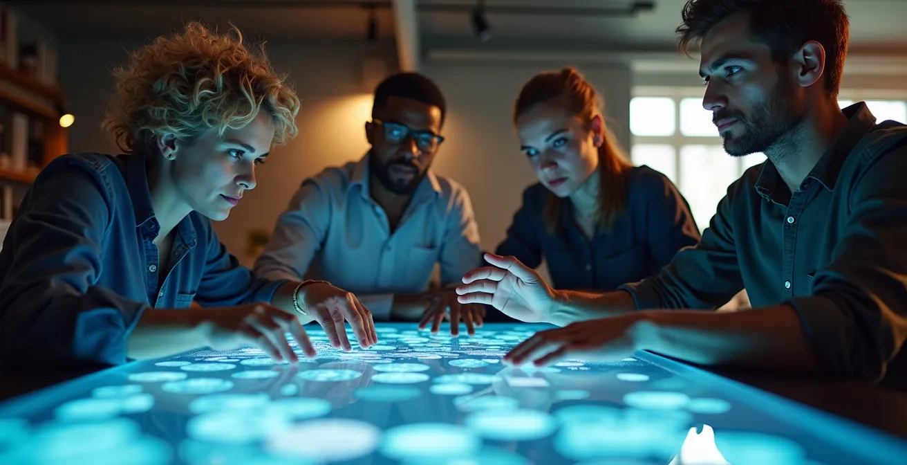 Équipe d'analystes diversifiés travaillant dans un centre de veille stratégique moderne