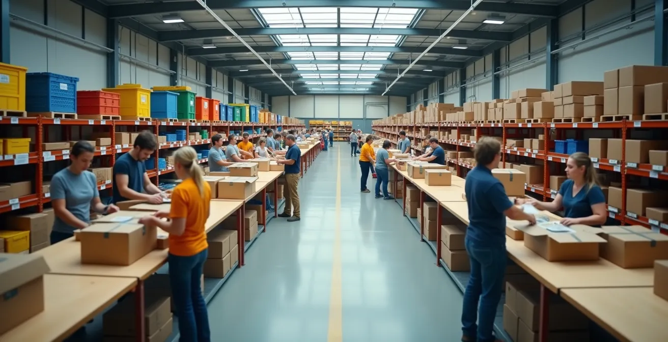 Centre de tri organisé avec zones dédiées pour la gestion efficace des dons lors d'une catastrophe