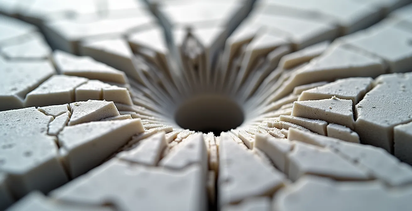 Vue microscopique de la fragmentation d'une bille de céramique lors de l'impact d'un obus flèche