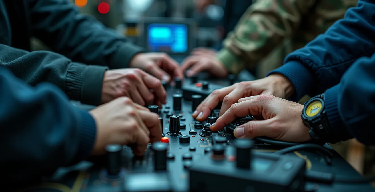 Opérateurs radio de différentes forces coordonnant les communications sur le terrain