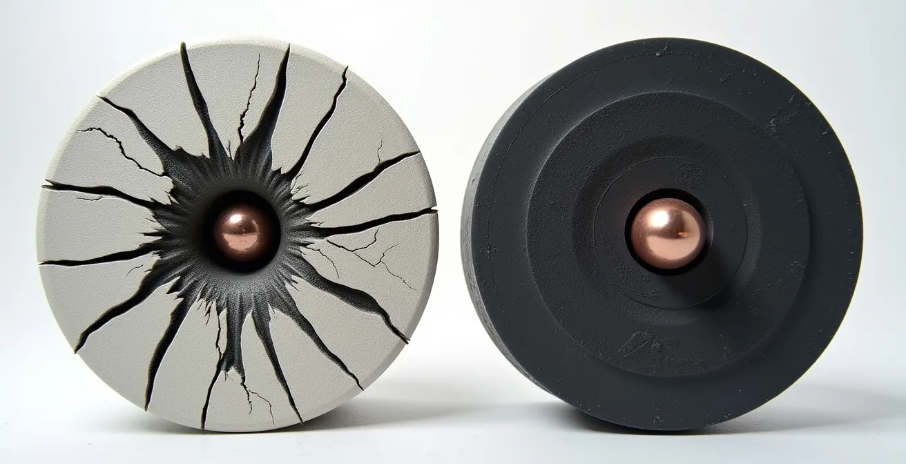 Vue macro de deux plaques balistiques après impact montrant les différences de fragmentation entre une plaque céramique et une plaque en polyéthylène.