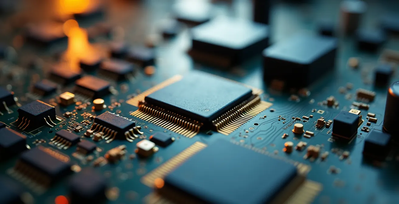 Vue macro de circuits électroniques militaires complexes avec reflets dorés