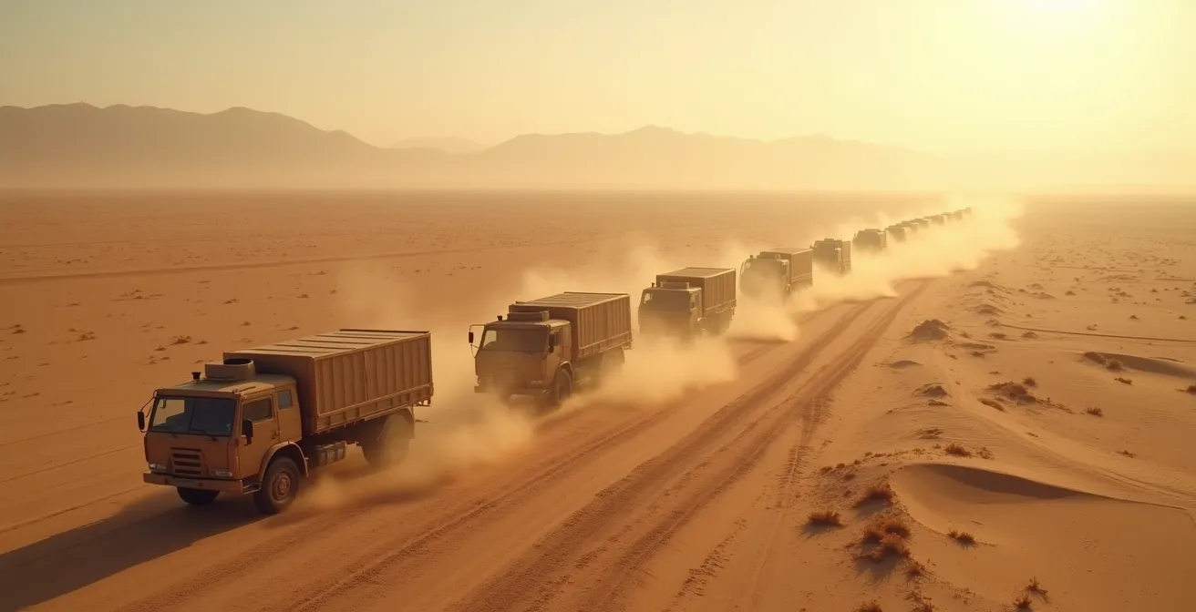 Convoi militaire traversant une route désertique avec escorte aérienne de drones
