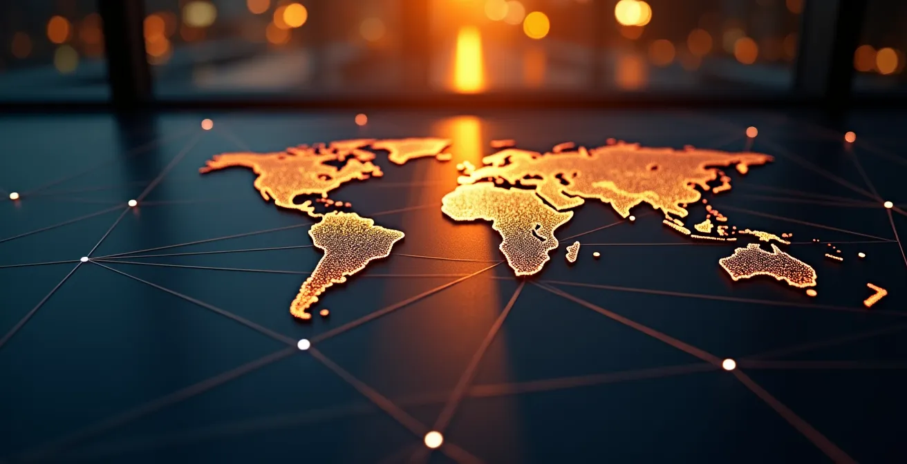 Carte stylisée montrant des connexions entre différents points géographiques