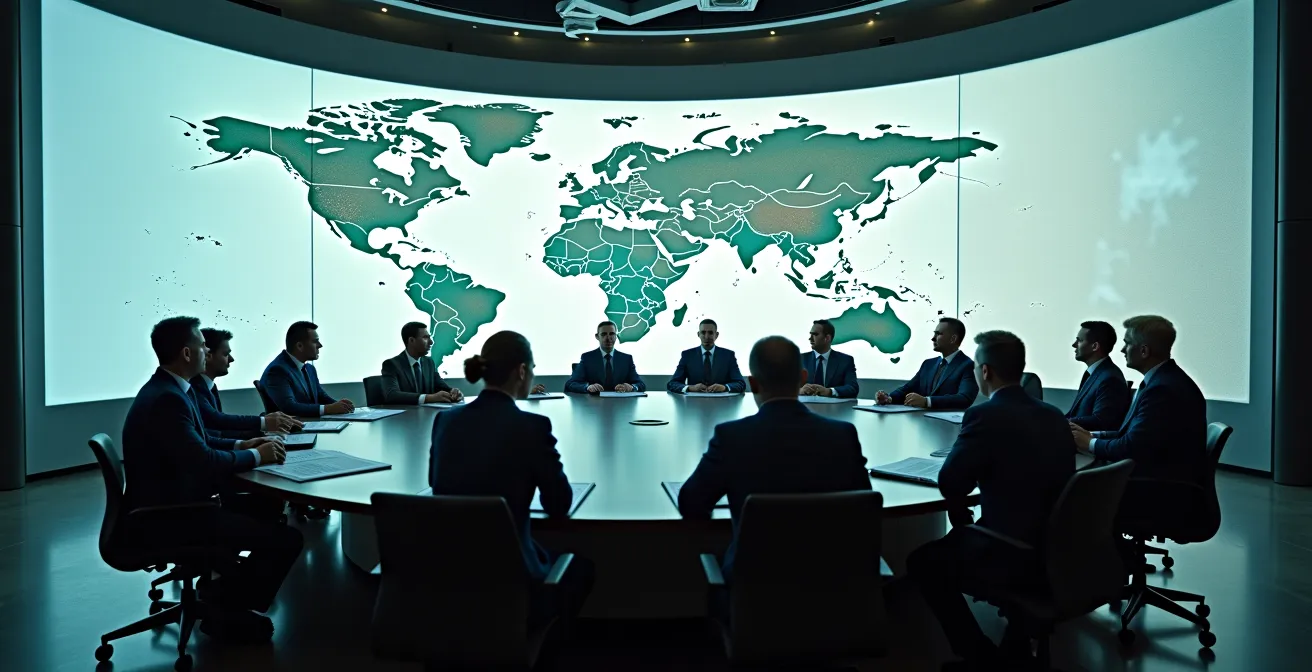 Vue large d'une salle de commandement unifié avec représentants de différentes agences autour d'une table de situation