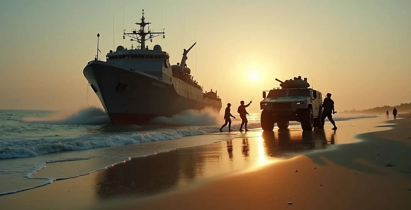 Chaland de débarquement déployant un véhicule blindé sur une plage lors d'une opération amphibie
