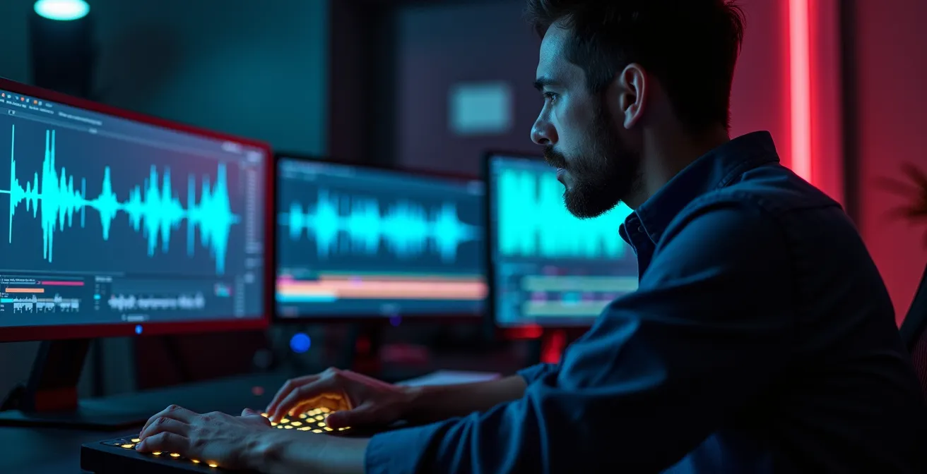 Studio de montage vidéo professionnel avec écrans multiples affichant des formes d'ondes et des outils d'édition dans une ambiance sombre
