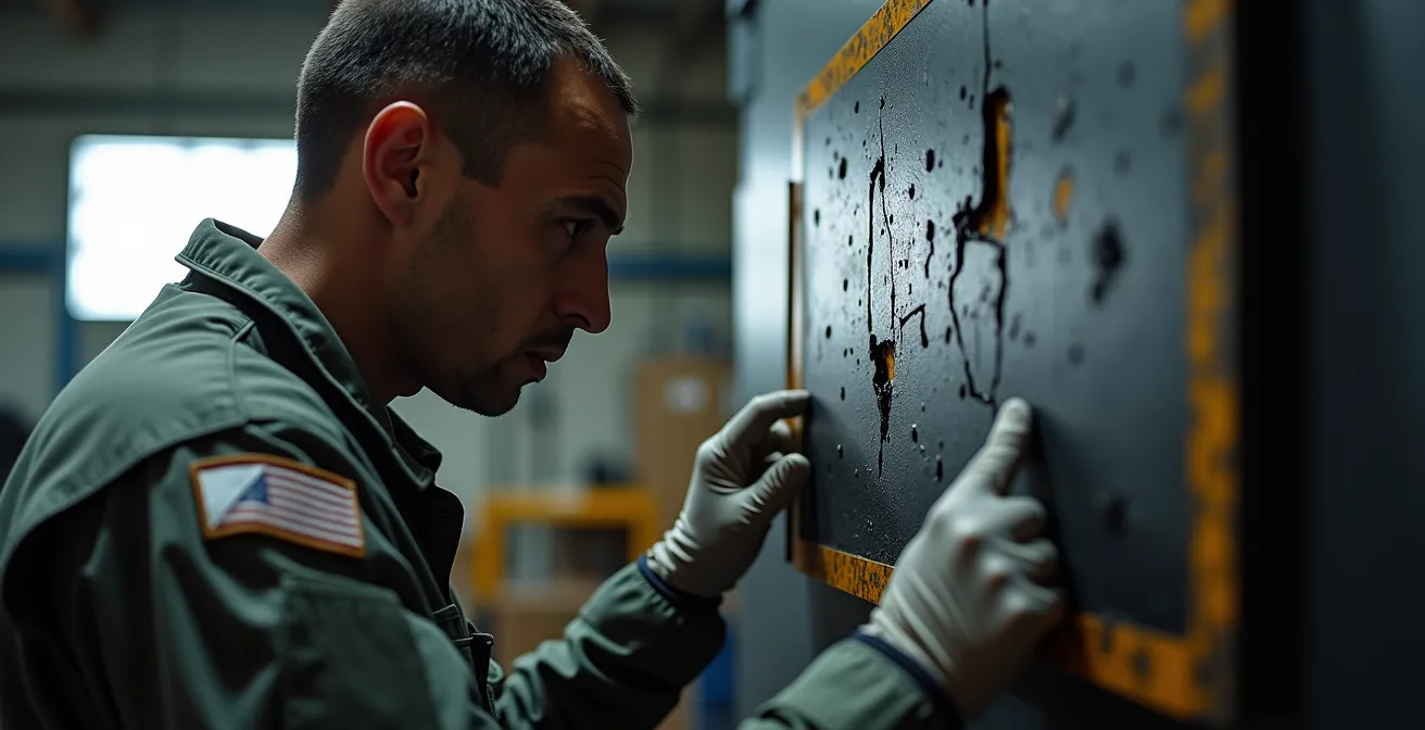 Coupe transversale d'un panneau de blindage composite montrant les signes de délamination après stockage prolongé