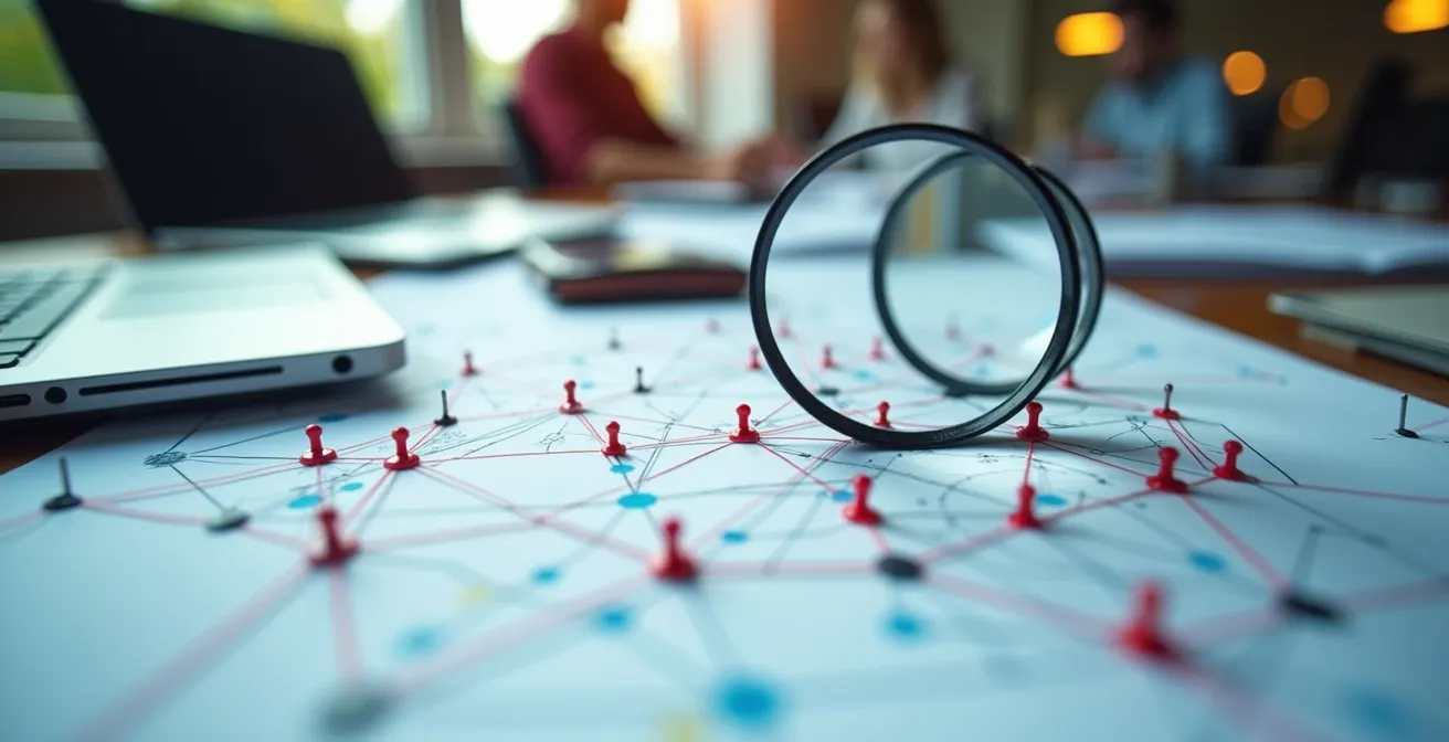 Écran d'analyse montrant des schémas de propagation de messages sur les réseaux sociaux avec des connexions visualisées entre comptes automatisés