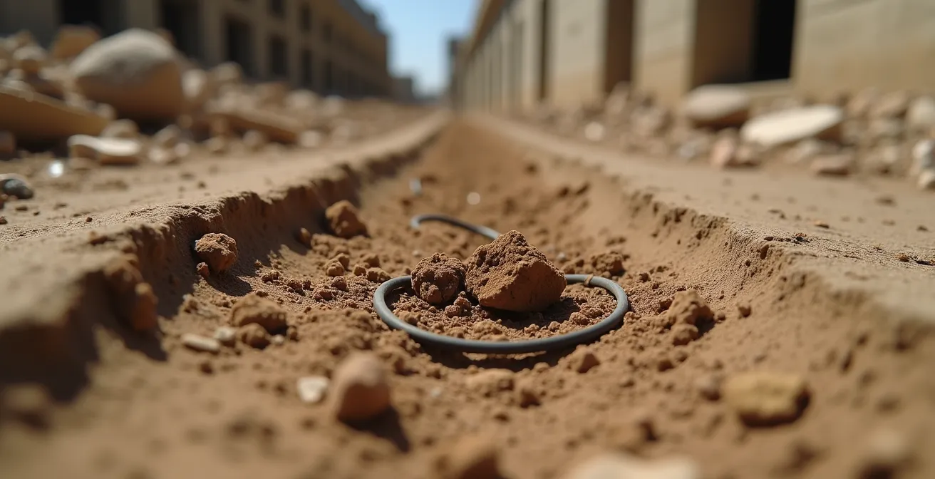 Vue au ras du sol montrant des indices subtils de présence possible d'un engin explosif improvisé