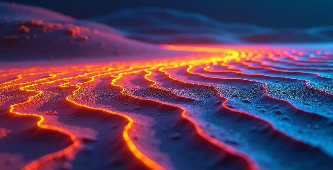 Vue satellite infrarouge montrant des signatures thermiques et des traces de campements dans une zone désertique