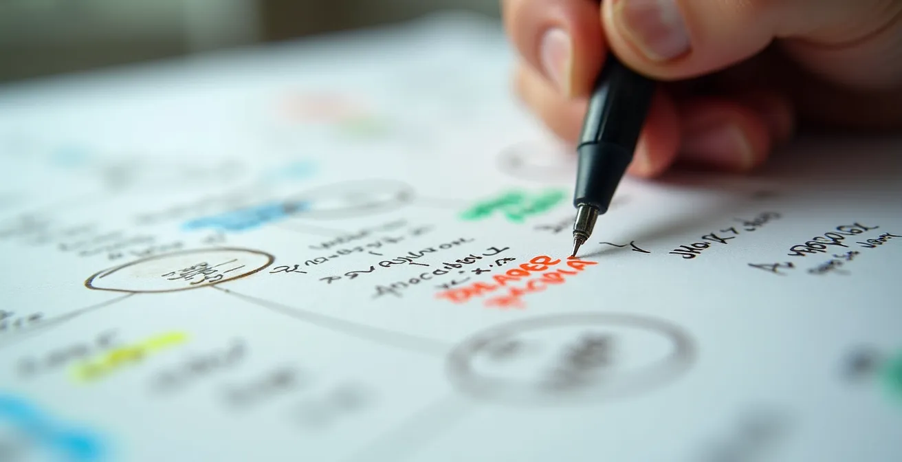 Vue macro sur des notes manuscrites de débriefing avec surligneur et annotations