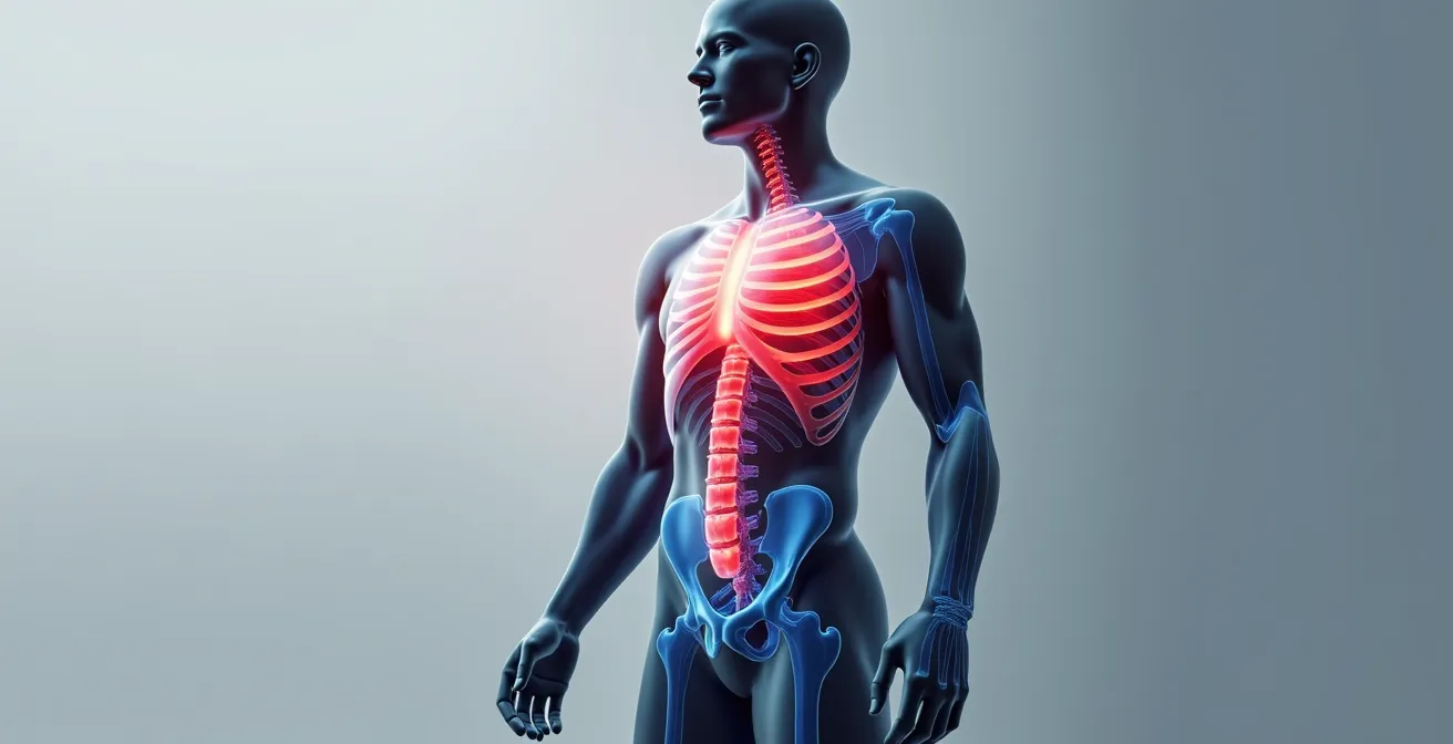 Vue en coupe médicale montrant la déformation thoracique et l'onde de choc se propageant dans les organes après un impact balistique sur un gilet.