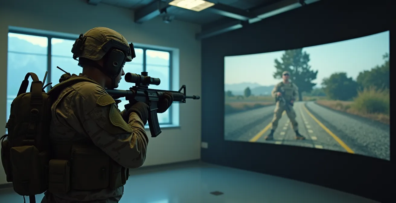 Soldat en équipement complet s'entraînant sur un simulateur de tir SITTAL, mettant en évidence le conflit entre le poids de l'équipement et la précision du tir.