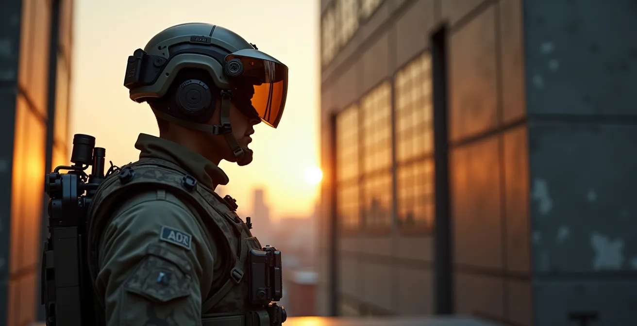 Soldats équipés de casques de réalité augmentée s'entraînant dans un environnement urbain réel