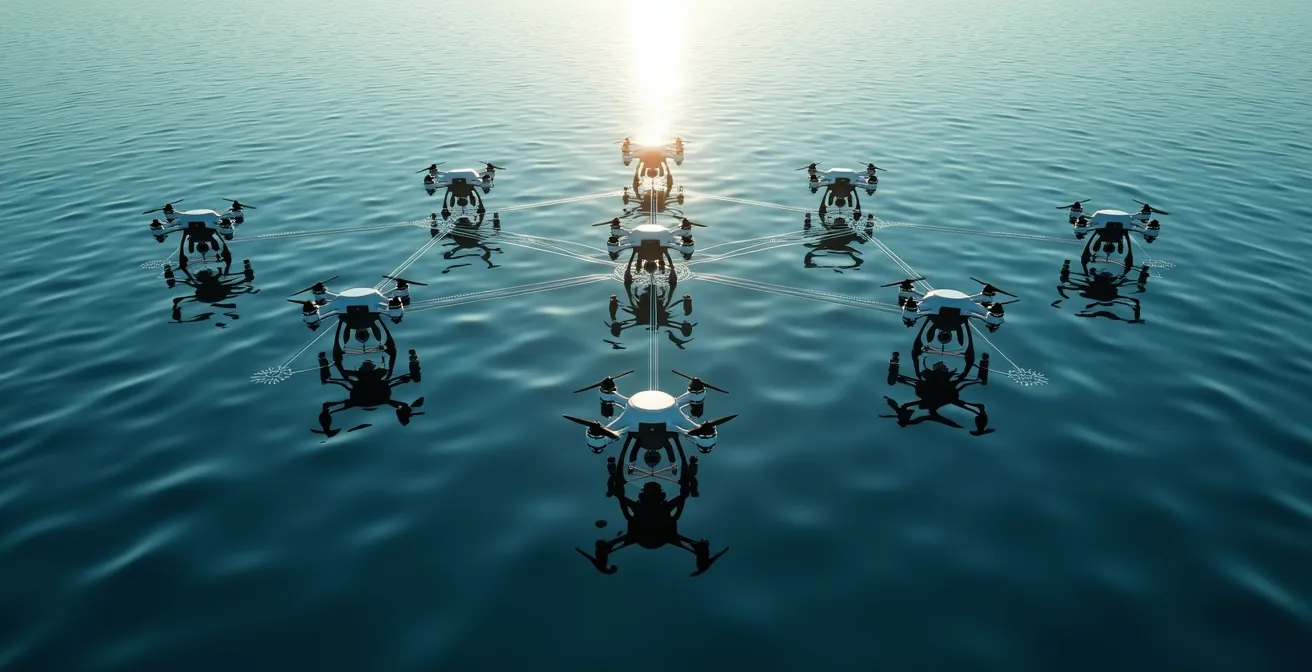Vue aérienne d'un essaim de drones survolant une zone côtière au-dessus de l'océan