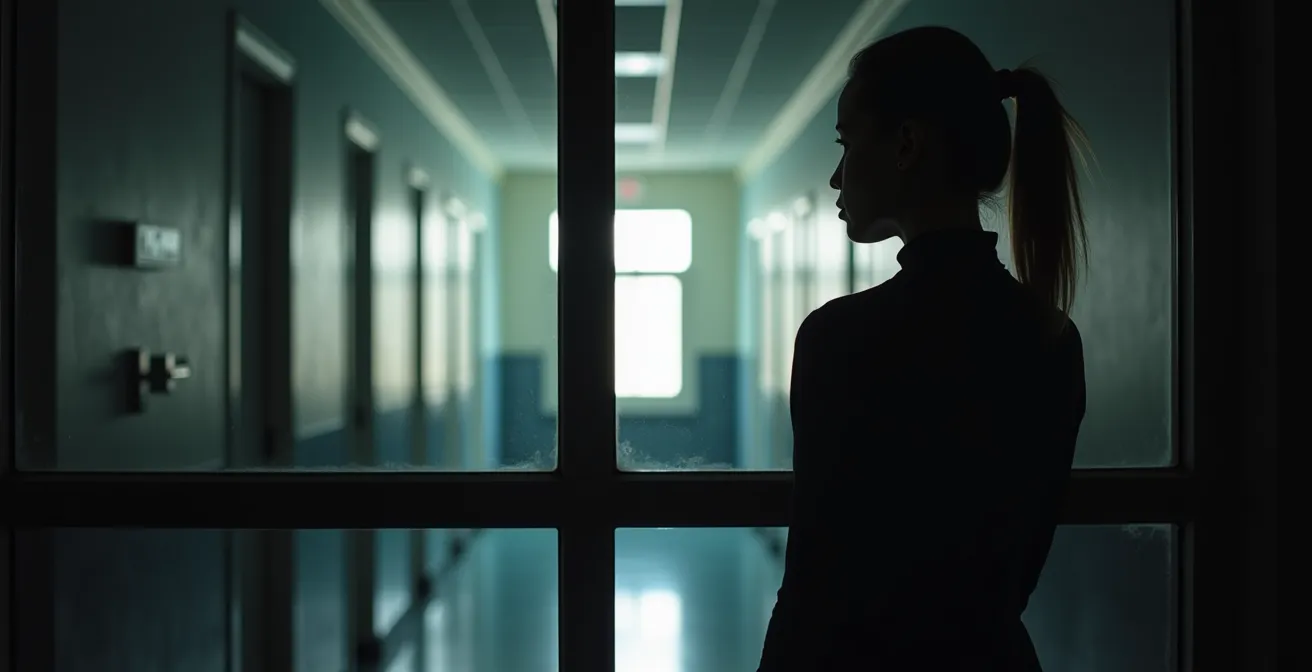 Couloir de prison moderne avec jeu d'ombres et de lumières