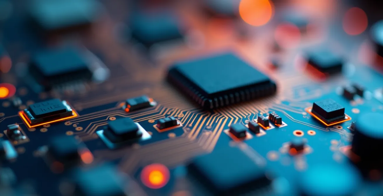 Macro détaillée de circuits électroniques avec ondes invisibles suggérées par des effets lumineux