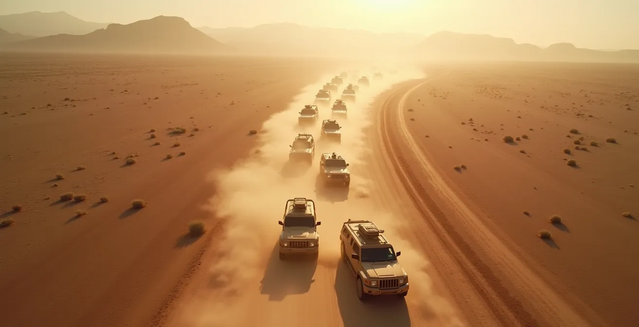 Convoi militaire en formation diamant traversant une zone désertique avec espacement tactique