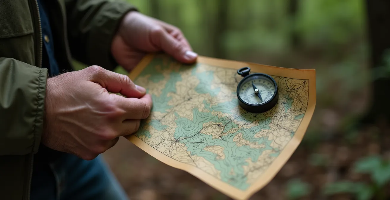 Mains manipulant une carte topographique et une boussole militaire