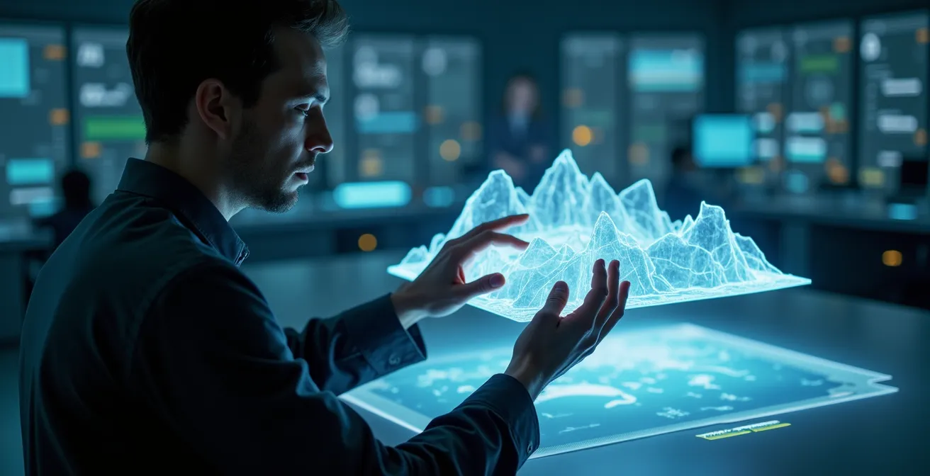 Vue aérienne montrant la superposition de données optiques et radar pour l'analyse territoriale