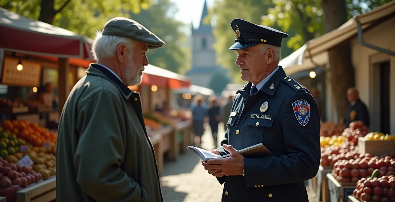 Gendarme à pied discutant avec des habitants sur la place d'un marché rural français