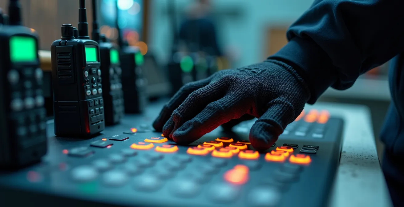 Main d'opérateur manipulant une console de gestion de clés cryptographiques avec radios tactiques en arrière-plan