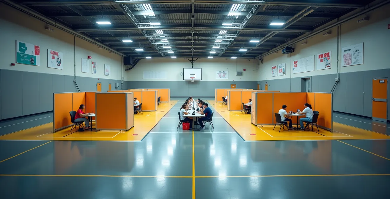 Vue d'ensemble d'un gymnase aménagé en centre d'hébergement d'urgence avec zones délimitées