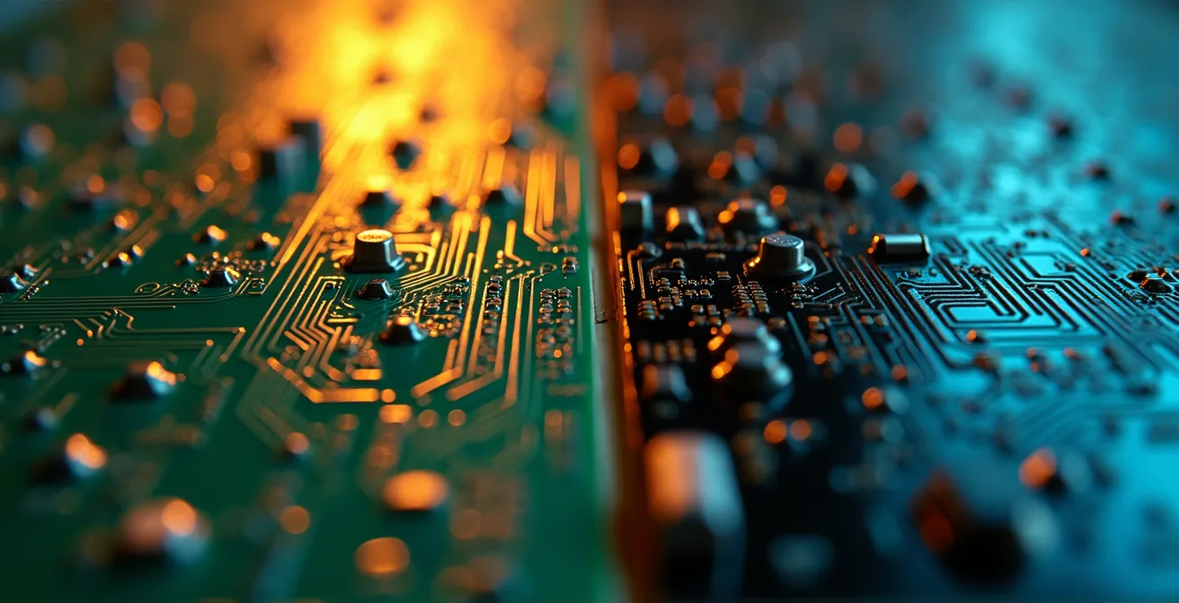 Macro détaillée de circuits électroniques avec reflets lumineux représentant la transformation numérique