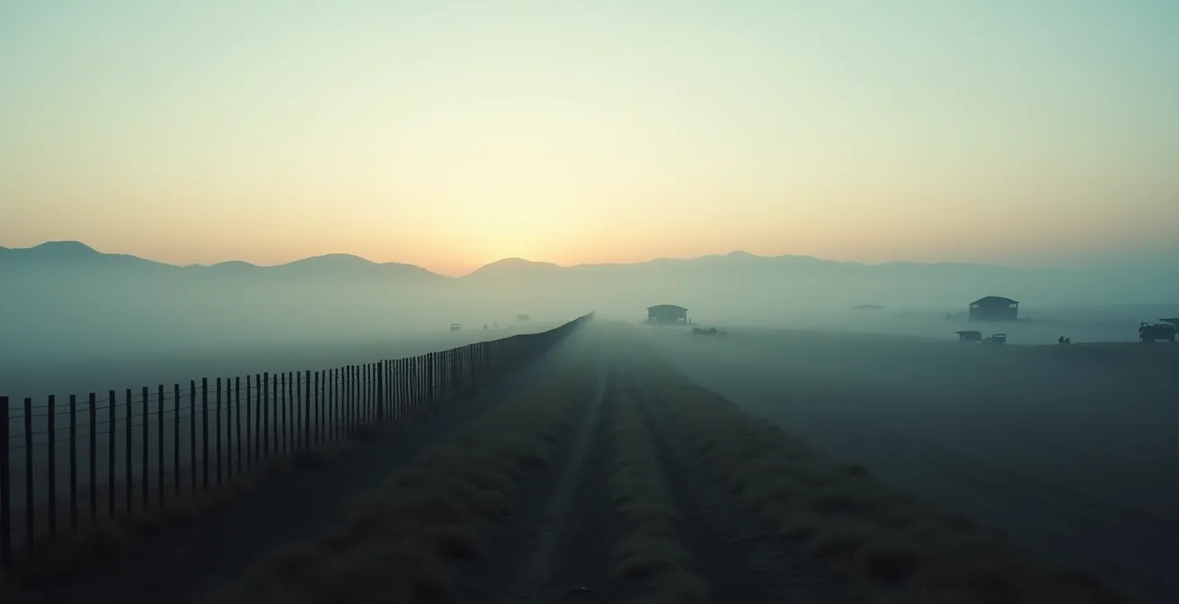 Vue aérienne d'une frontière fortifiée avec barrières et surveillance militaire