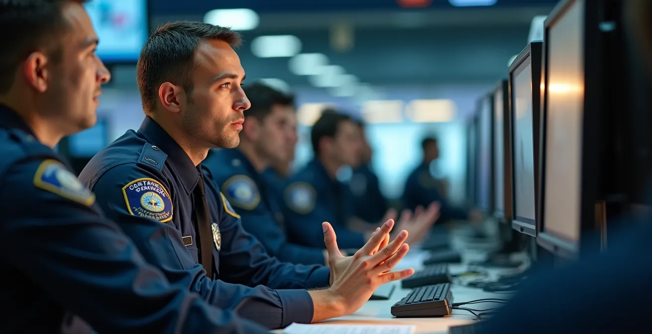 Poste de travail d'un cadre de liaison entreprise intégré dans un centre de crise avec équipements de communication