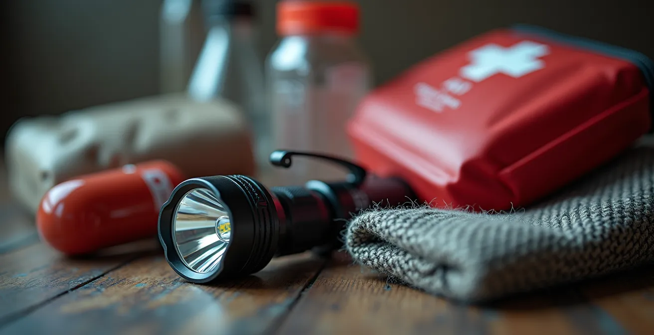 Vue macro détaillée d'éléments essentiels d'un kit de survie organisés méthodiquement