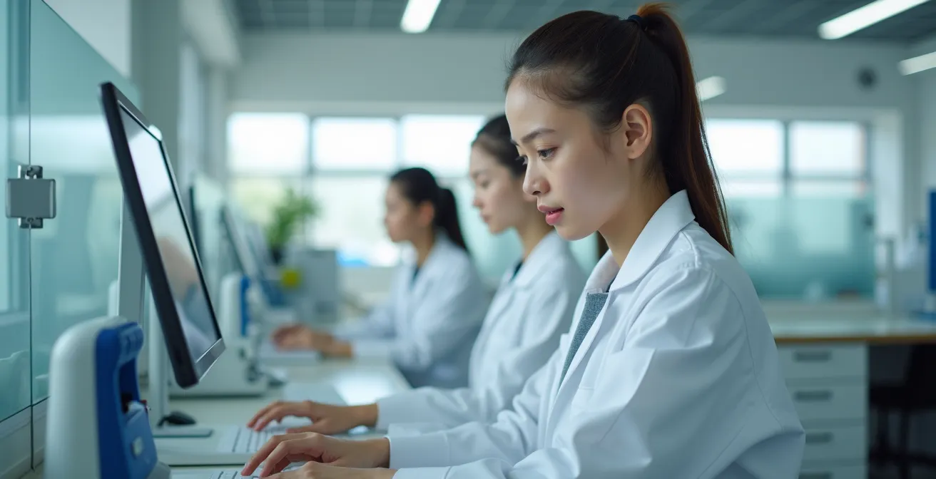 Laboratoire de recherche avec zones d'accès restreint et chercheurs en blouse blanche