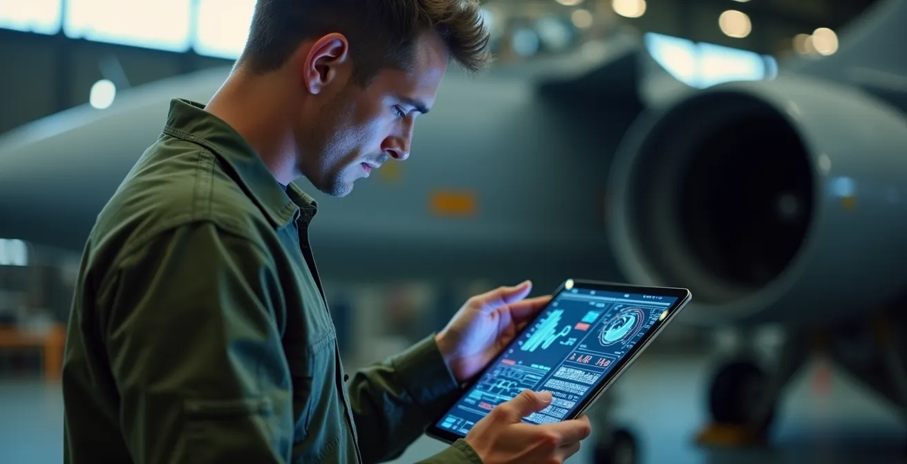 Technicien militaire analysant des données de maintenance prédictive sur tablette dans un hangar d'aviation