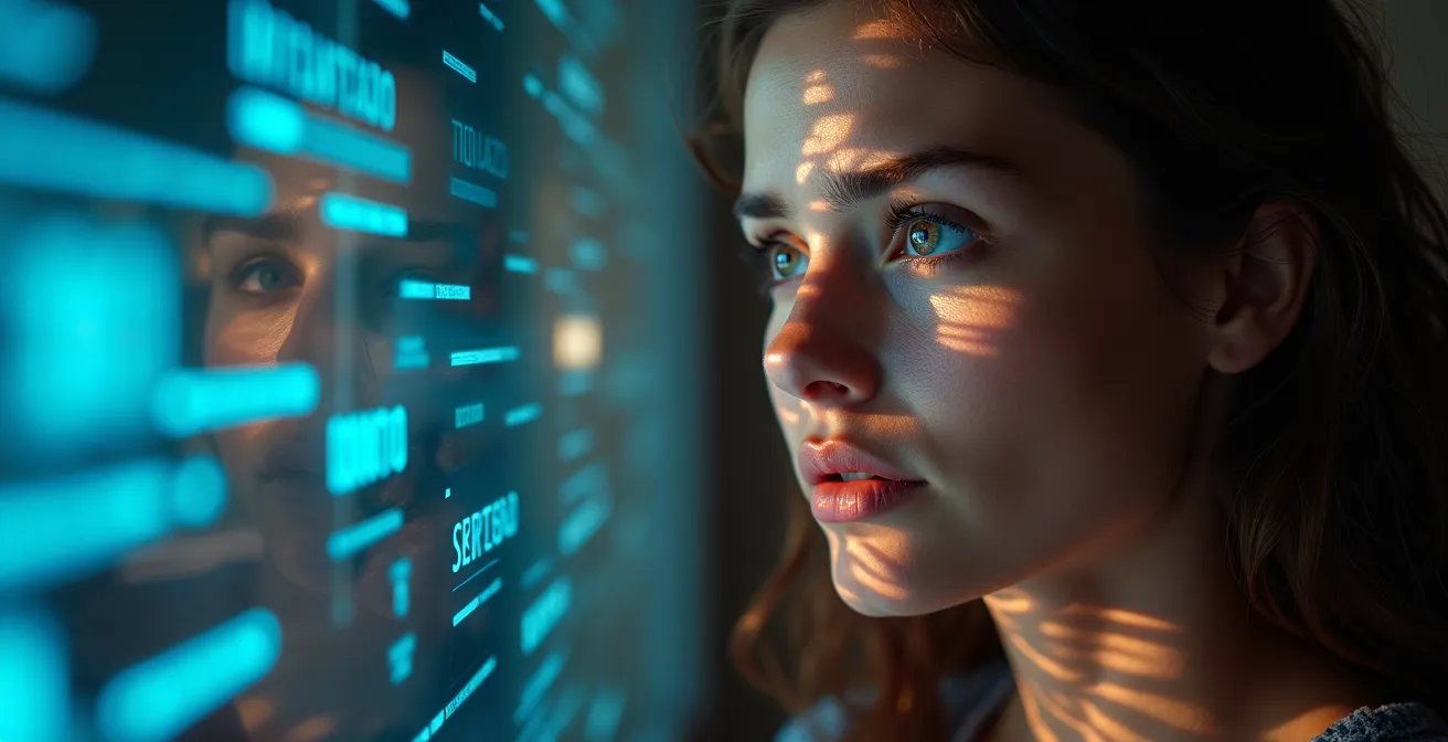 Portrait rapproché montrant l'expression inquiète d'une personne face à des reflets de données