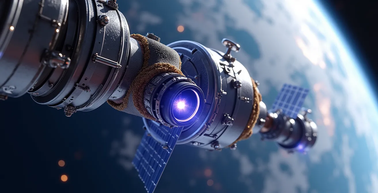 Vue rapprochée d'un satellite militaire effectuant une manœuvre d'évitement avec propulseurs ioniques visibles