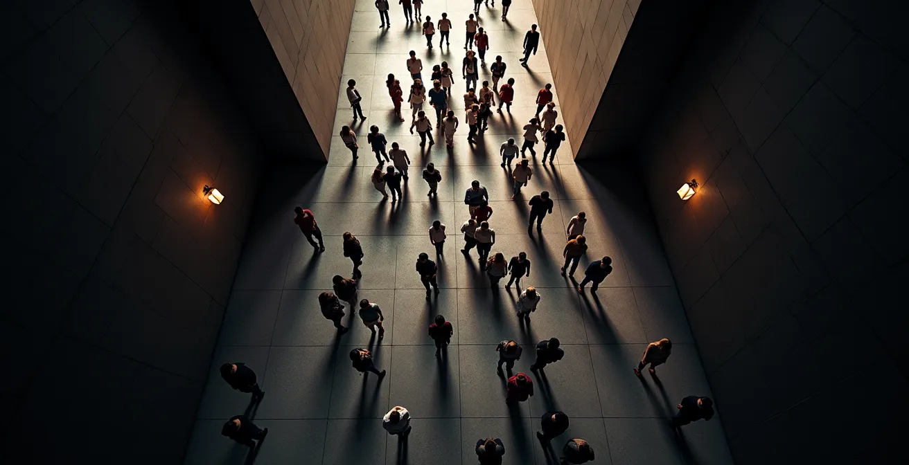 Vue aérienne d'une foule dense dans un espace confiné montrant les dynamiques de mouvement