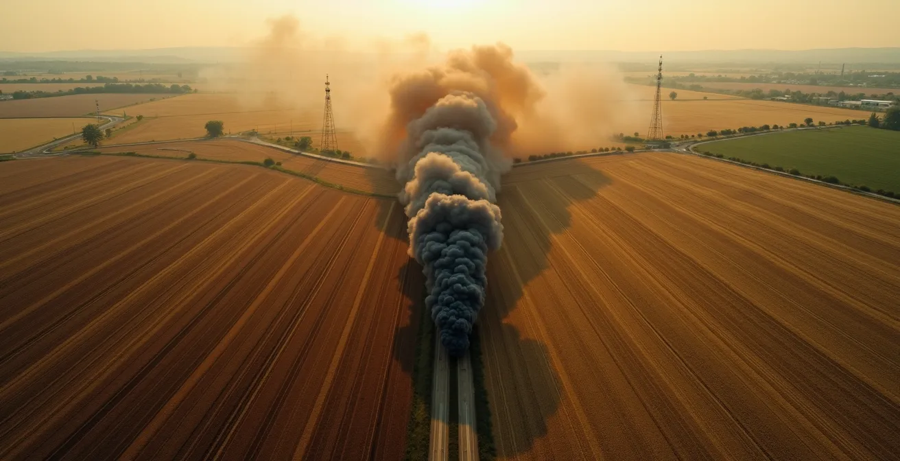 Vue aérienne d'un panache de fumée traversant une frontière avec plusieurs tours de contrôle