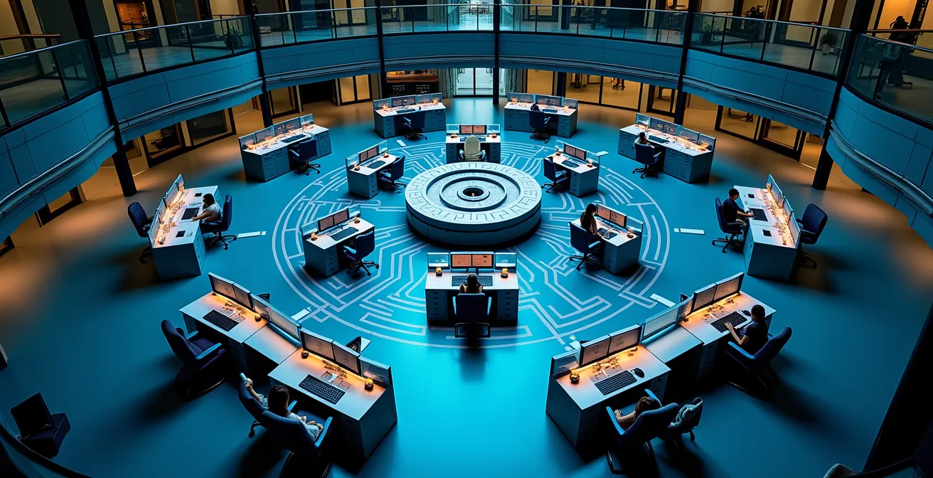 Vue aérienne d'une salle de crise montrant l'organisation en cellules thématiques avec espaces dédiés