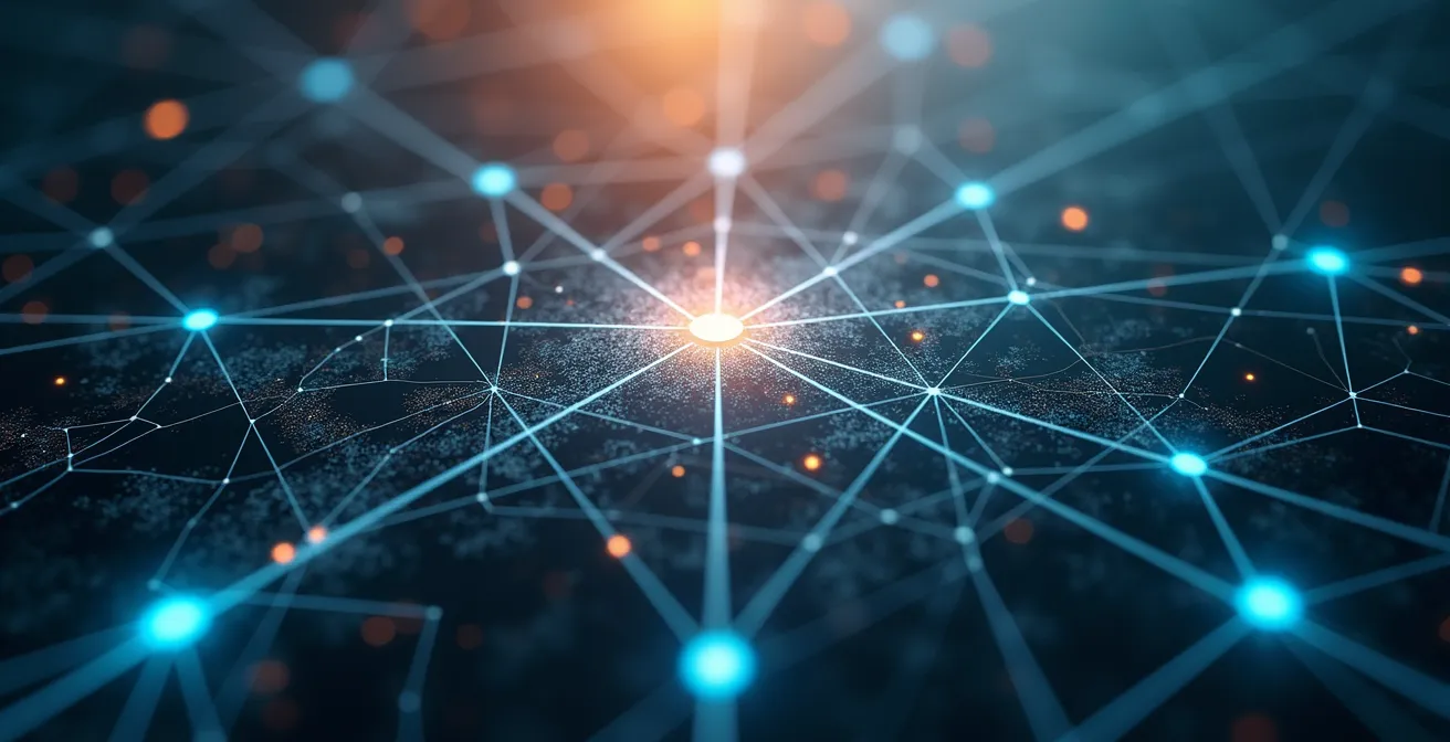 Vue aérienne abstraite montrant des points de données interconnectés sur une carte