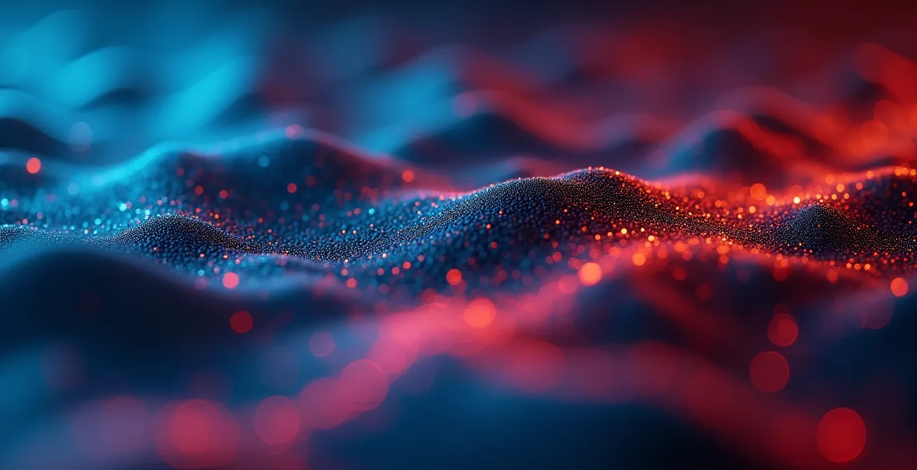 Détail macro d'écrans pixelisés montrant des flux de données abstraits