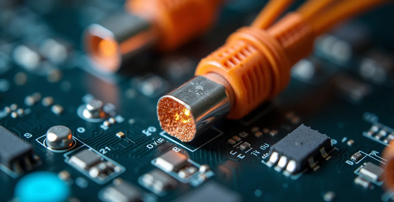 Gros plan macro sur un composant électronique critique avec effet de profondeur de champ